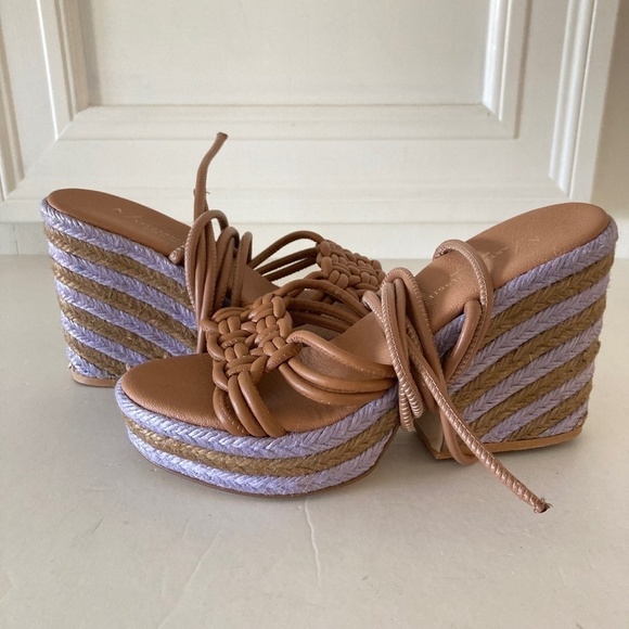 Anthropologie Raffia Platform Brown & Lavender Heeled Wedge Sandals Sz 38 - Picture 2 of 9